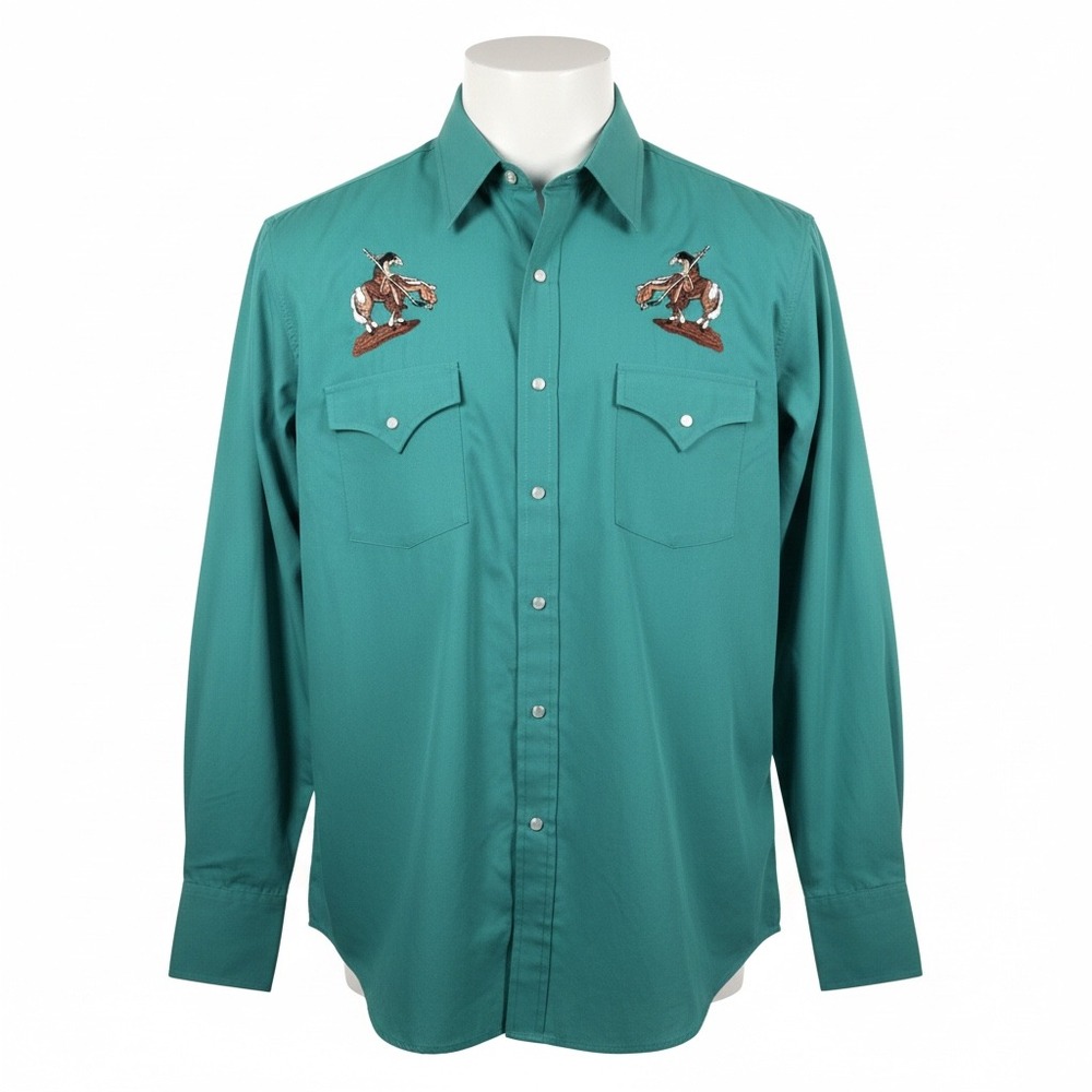 High Noon Western Embroidered Cowboy‎ Shirt Rodeo Ranchwear Turquoise Size L